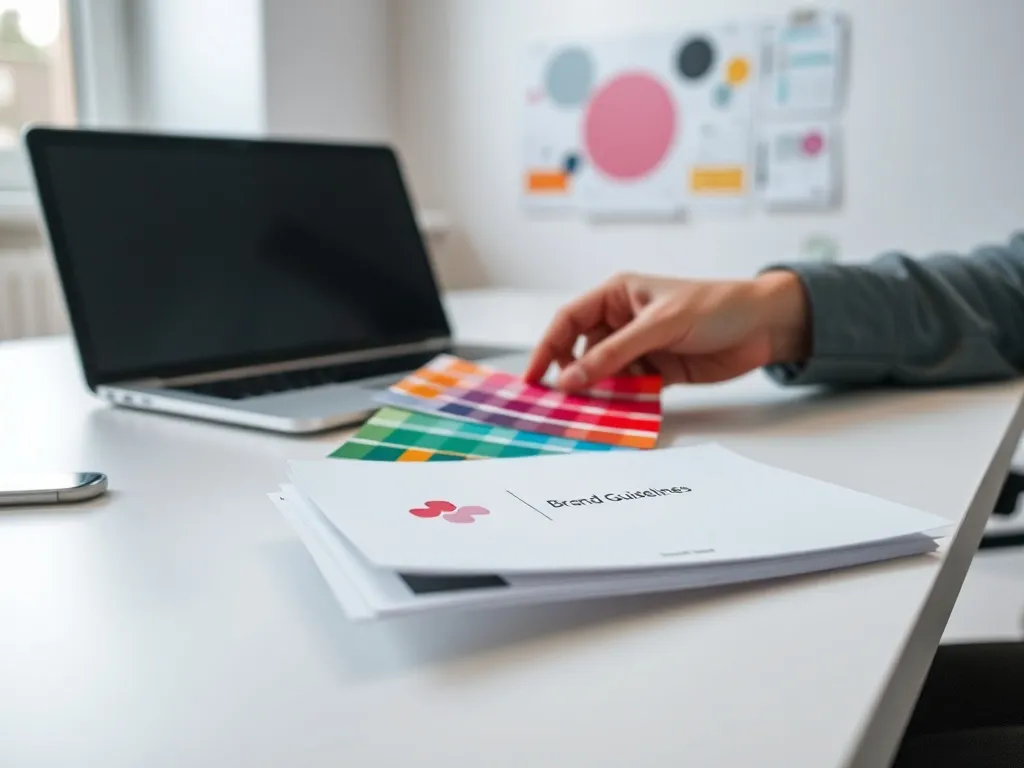 Projektant układa próbniki kolorów i szkic logo na biurku, symbolizując proces tworzenia spójnej identyfikacji marki.